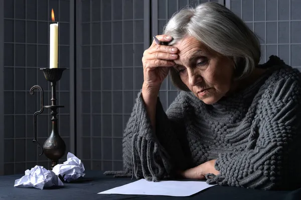 Close Portrait Sad Senior Woman Writing Letter — Stock Photo, Image