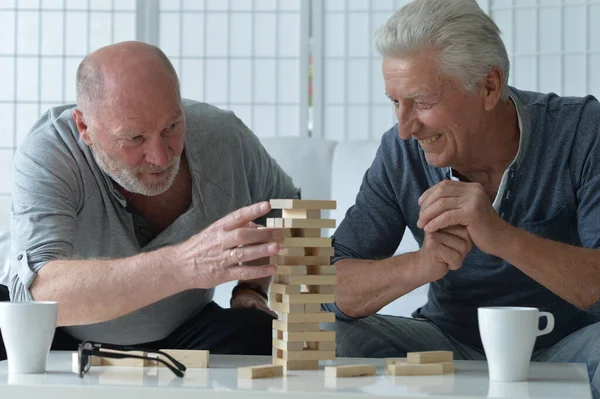 Dois Homens Seniores Sentados Mesa Brincando Com Blocos Madeira — Fotografia de Stock