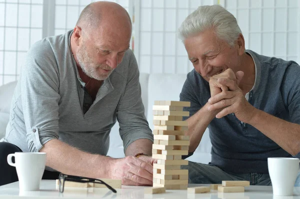 Two Senior Men Sitting Table Playing Wooden Blocks — Stock Photo, Image