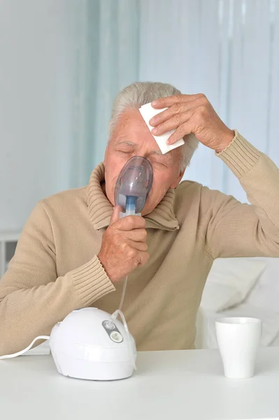 Portrait Sick Senior Man Inhaler — Stock Photo, Image