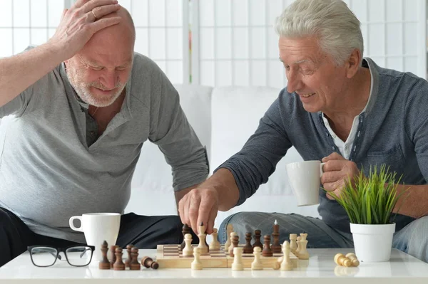 Dois Homens Seniores Sentados Mesa Jogar Xadrez — Fotografia de Stock