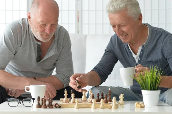 Twee Senior Mannen Zitten Aan Tafel Spelen Schaken — Stockfoto