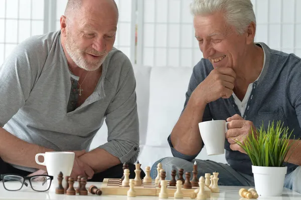 Twee Senior Mannen Zitten Aan Tafel Spelen Schaken — Stockfoto