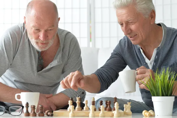 Twee Senior Mannen Zitten Aan Tafel Spelen Schaken — Stockfoto