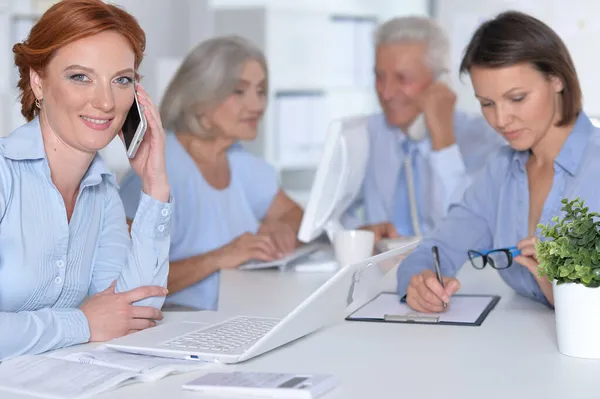 Business Woman Smartphone Working Office Colleagues — Stock Photo, Image