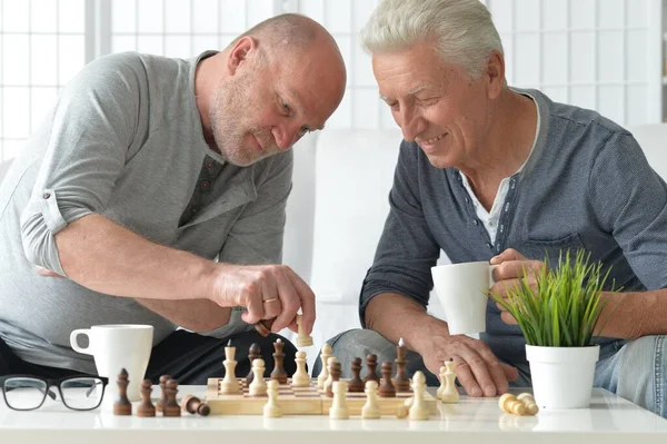 Twee Senior Mannen Zitten Aan Tafel Spelen Schaken — Stockfoto