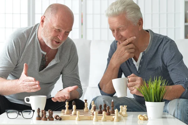 Doi Seniori Stând Masă Jucând Șah — Fotografie, imagine de stoc