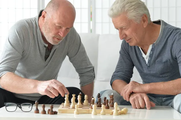 Dois Homens Seniores Sentados Mesa Jogar Xadrez — Fotografia de Stock