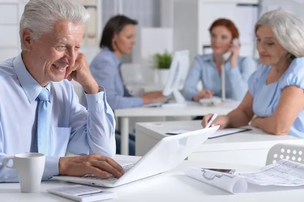 Senior Businessman Pomocí Notebooku Moderní Světelné Kanceláři — Stock fotografie