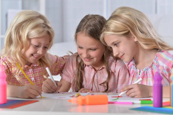 Beautiful Girls Drawing Pencils Desk — Stock Photo, Image