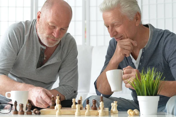 Doi Seniori Stând Masă Jucând Șah — Fotografie, imagine de stoc