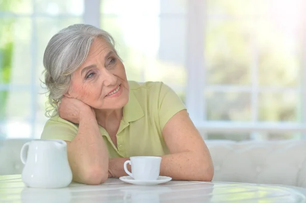 Beautiful Senior Woman Drinking Tea Home — Stock Photo, Image