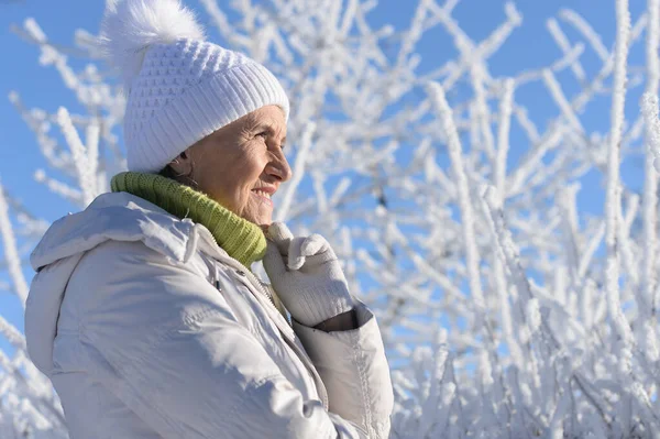 Красива Старша Жінка Позує Засніженому Зимовому Парку — стокове фото
