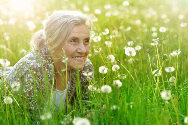 Porträt Einer Schönen Seniorin Auf Dem Feld Des Löwenzahns — Stockfoto