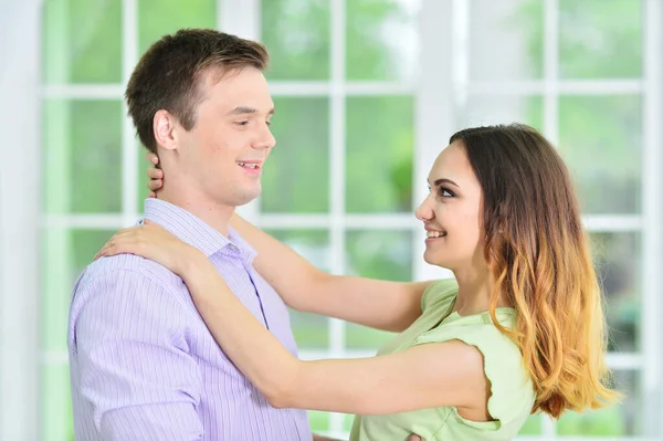 Close Portrait Happy Young Couple Posing Home — Stock Photo, Image