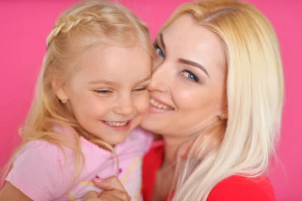 Close Portrait Charming Little Girl Hugging Mom Home — Stock Photo, Image