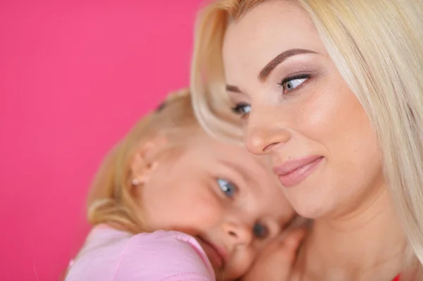 Close Portrait Charming Little Girl Hugging Mom Home — Stock Photo, Image