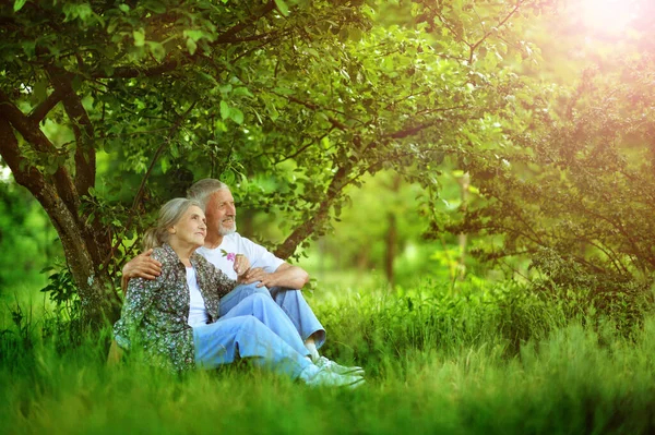 Seniorenpaar Zit Het Gras Het Park — Stockfoto