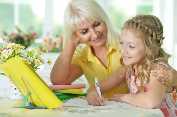 Cute Girl Doing Home Work Mother Table Home — Stock Photo, Image
