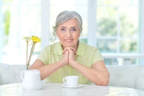 Beautiful Senior Woman Drinking Tea Home — Stock Photo, Image