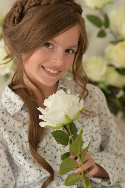 Cute Beautiful Happy Girl Posing Studio Flower — Stock Photo, Image
