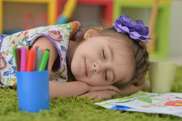 Linda Colegiala Durmiendo Tarea Casa —  Fotos de Stock