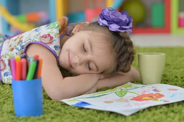 Cute Schoolgirl Sleeping Her Homework Home — Stock Photo, Image