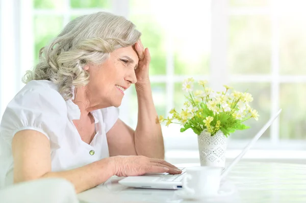 Seniorka Korzystająca Laptopa Domu — Zdjęcie stockowe