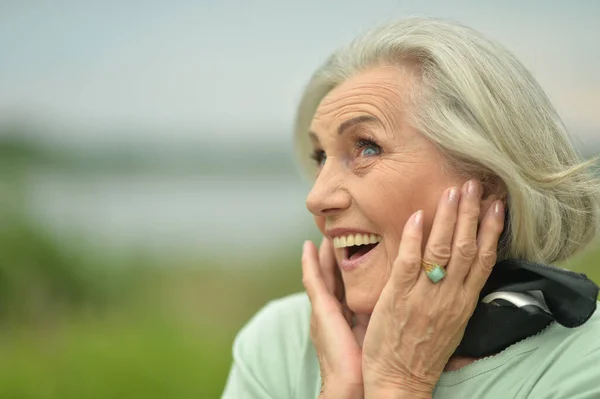 Happy Senior Woman Posing Lake — Stock Photo, Image