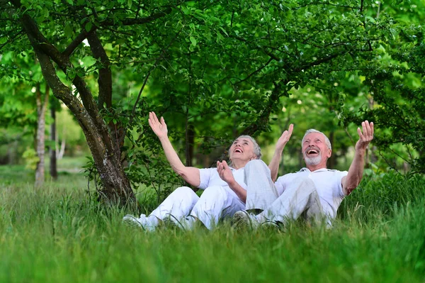 Para Seniorów Siedząca Trawie Parku — Zdjęcie stockowe