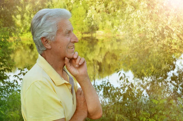 Ritratto Pensante Uomo Anziano Nel Parco Foto Stock