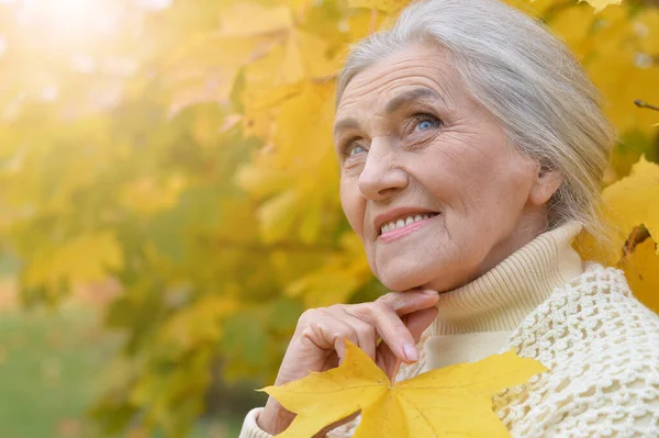 Äldre Vacker Kvinna Håller Höstens Löv — Stockfoto