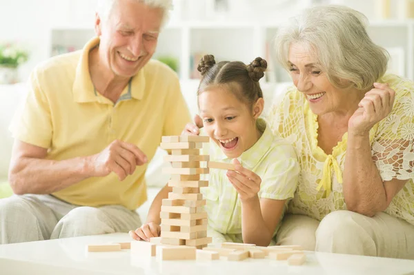 Gelukkig Familie Spelen Met Houten Blokken — Stockfoto