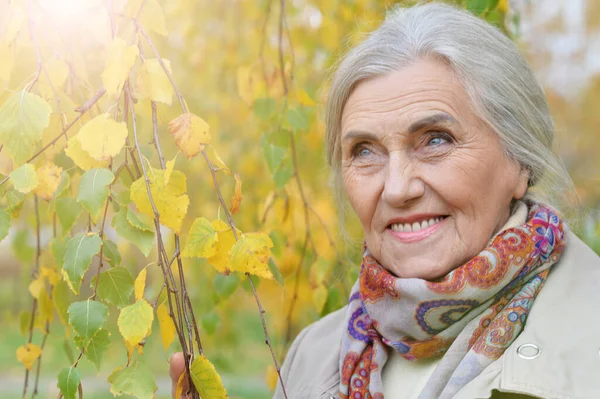 Portret Szczęśliwej Seniorki Jesiennym Parku — Zdjęcie stockowe