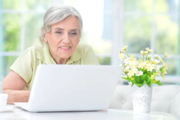 Seniorka Korzystająca Laptopa Domu — Zdjęcie stockowe