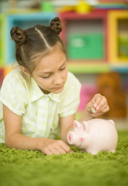 Cute Little Girl Piggy Bank Home — Stock Photo, Image