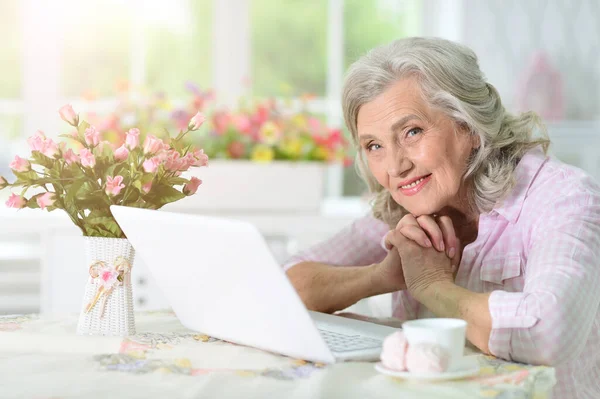 Seniorka Korzystająca Laptopa Domu — Zdjęcie stockowe