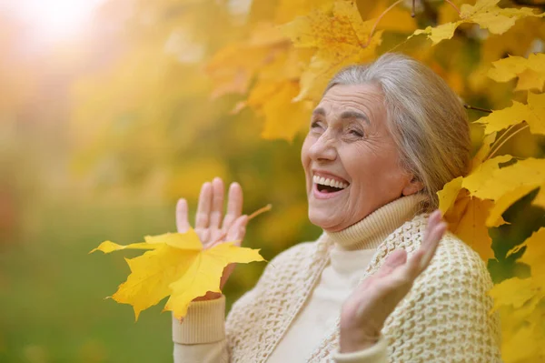 秋の葉を保持しているシニアの美しい女性 — ストック写真