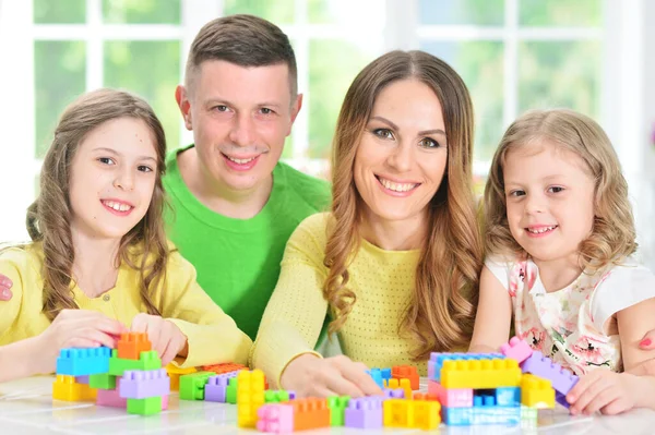 Girl Mother Father Playing Colorful Plastic Blocks — Stock Photo, Image