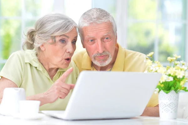 上了年纪的夫妇在家里和笔记本电脑混淆了 — 图库照片
