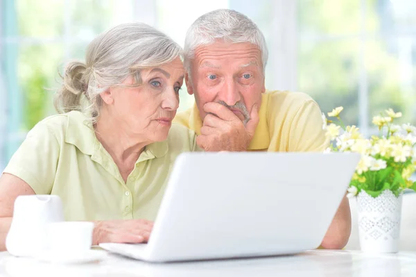 上了年纪的夫妇在家里和笔记本电脑混淆了 — 图库照片