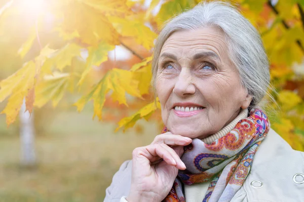 Retrato Una Mujer Mayor Feliz Parque Otoño — Foto de Stock