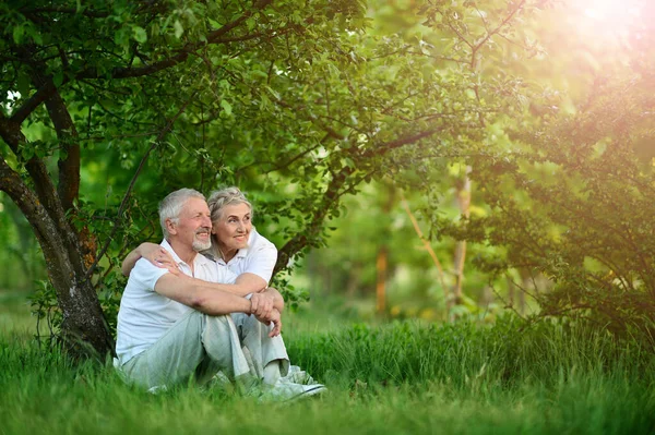 Szczęśliwy Senior Para Possing Park — Zdjęcie stockowe