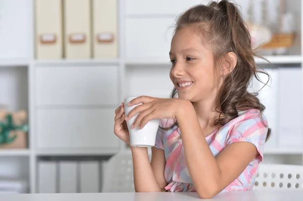 Smiling Little Girl Holding Big Cup Tea — Stock Photo, Image