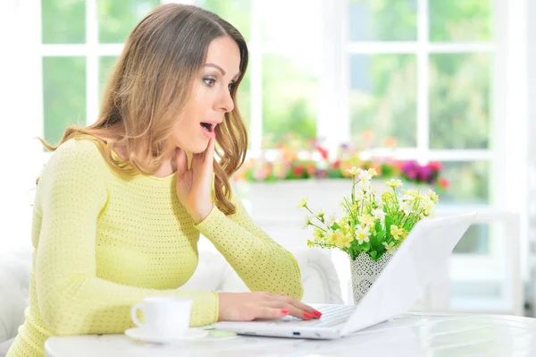 Giovane Donna Che Utilizza Computer Portatile Casa Foto Stock