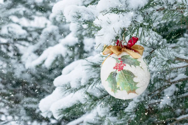 Een Kleurrijke Kerstbal Hing Een Besneeuwde Kerstboom Takje Stockafbeelding