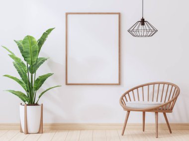 Beyaz boya duvarındaki boş ahşap çerçeve ahşap sandalye, metal tel lamba ve tropikal ağaçla süslenmiş.