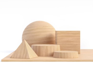 Beyaz arkaplanda izole edilmiş ahşap geometrinin Vareity şekli 3d resimleme