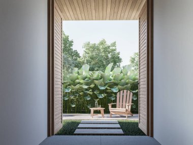 Tropikal stil yeşil bahçeye ahşap kapı 3D döşeme beton döşeme, ahşap tahta tavan, ahşap sandalye ile dekore