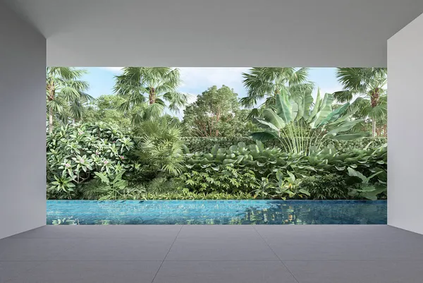 Terrasse Piscine Vide Avec Fond Jardin Style Tropical Rendu — Photo